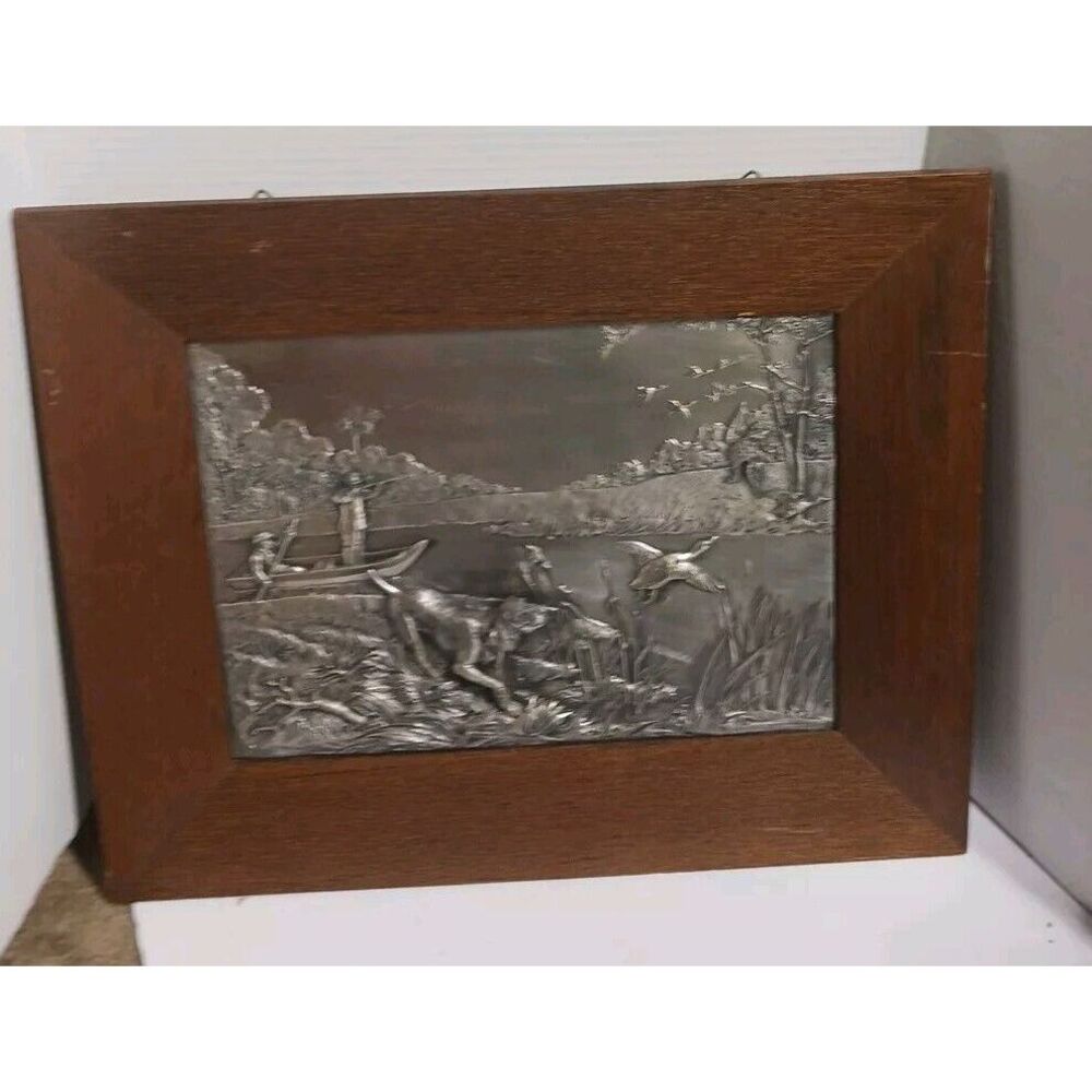 Vintage Hunting Scene Metal‎ Relief Art in Wooden Frame Wall Decor